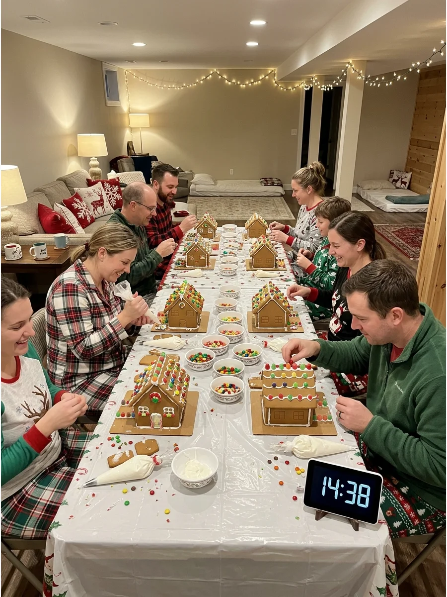 Gingerbread house decorating station with candy bowls.