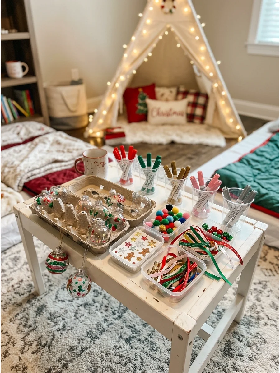 Clear plastic ornaments and craft supplies on a table.