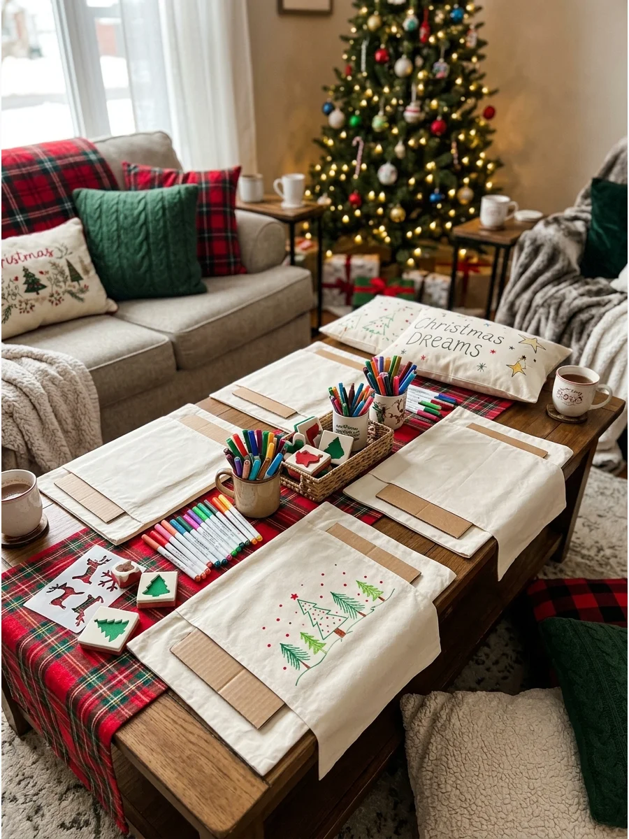 White pillowcases and fabric markers on a wooden table.