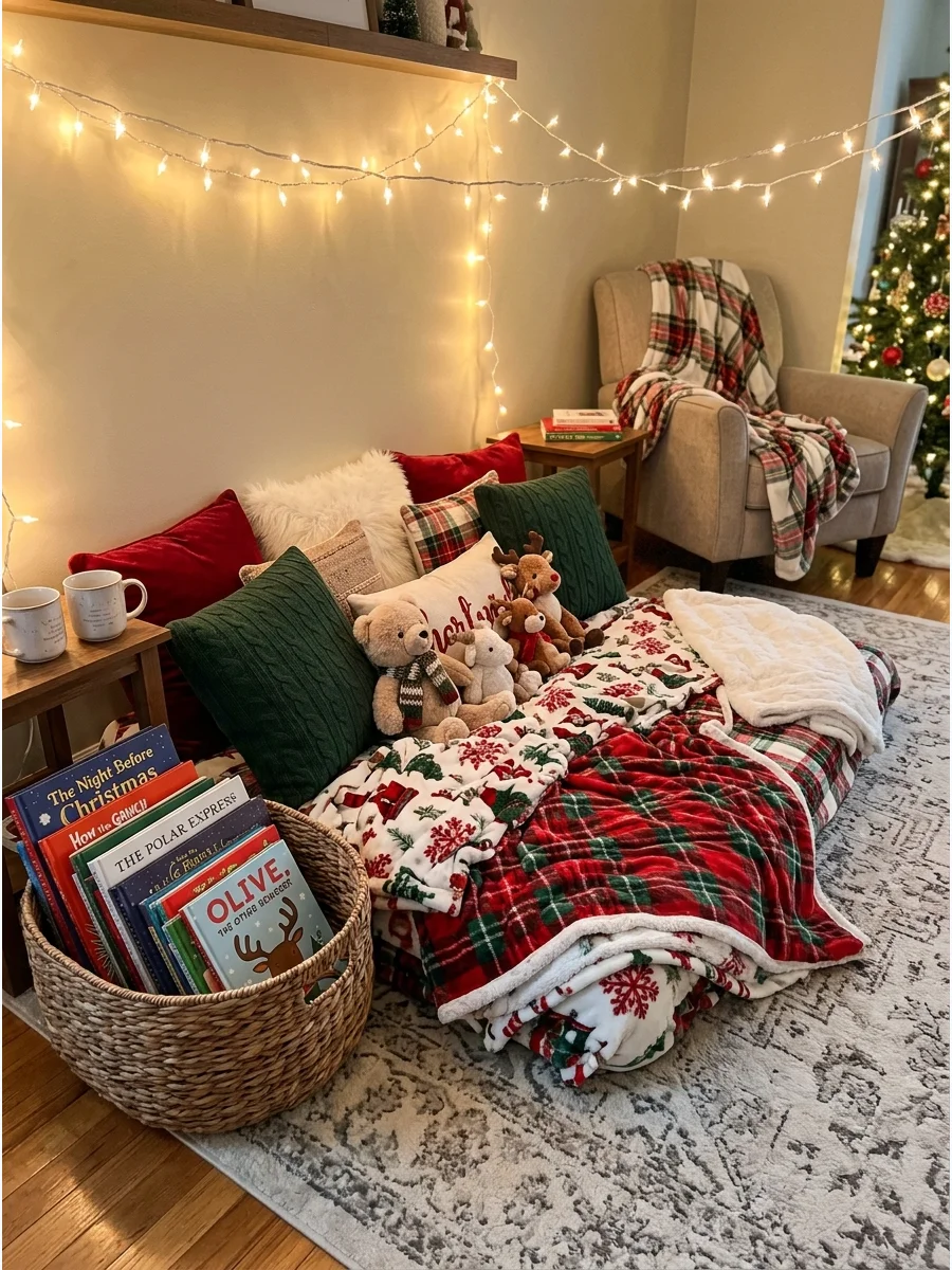 Cozy reading nook with blankets and holiday books.