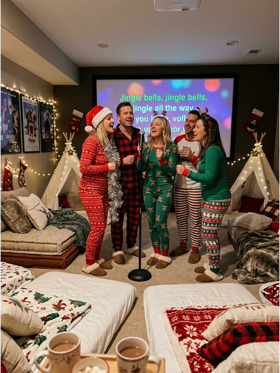 Karaoke setup in a home theater with a microphone.