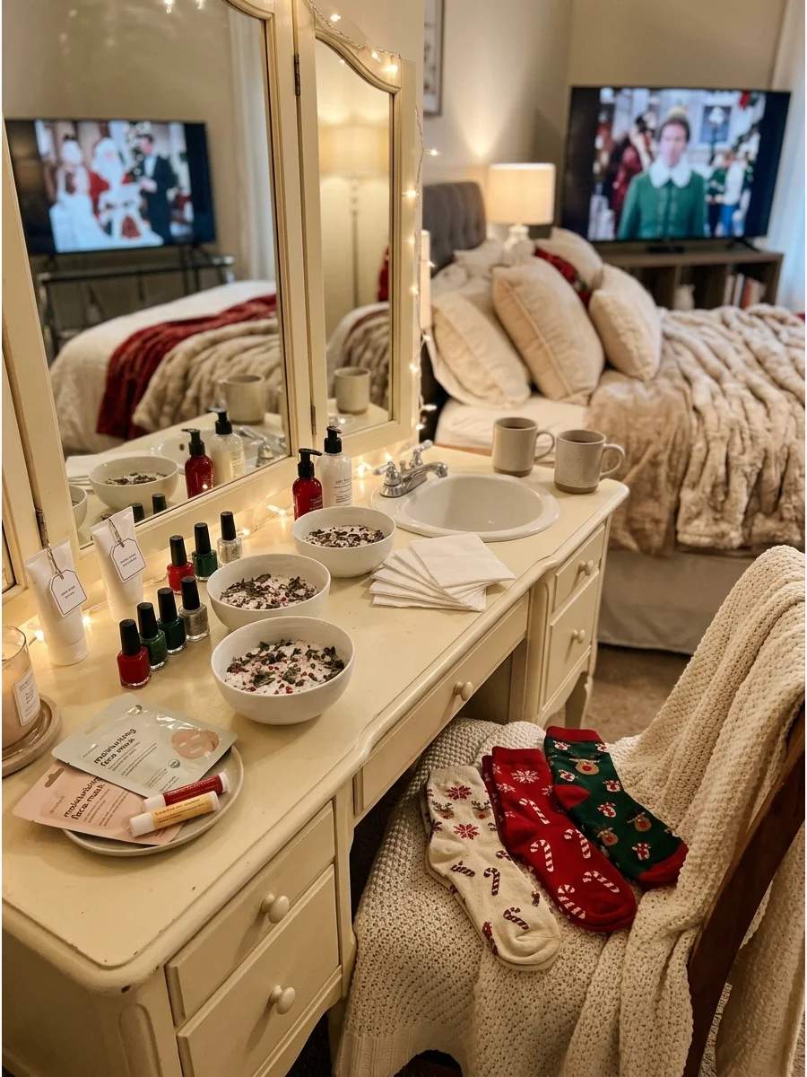 Holiday spa station with nail polish and face masks.