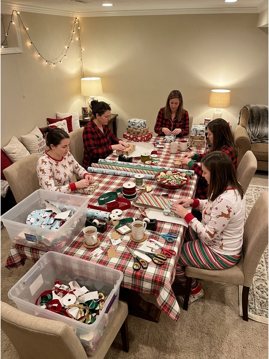 Gift wrapping station with paper rolls and ribbons.
