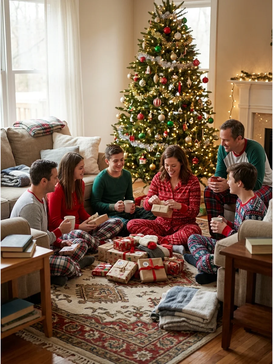 Group of people in pajamas sitting around gifts.