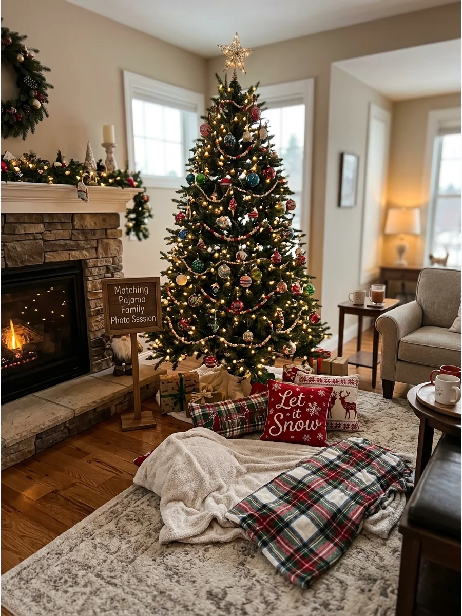 Camera on a tripod in front of a Christmas tree.