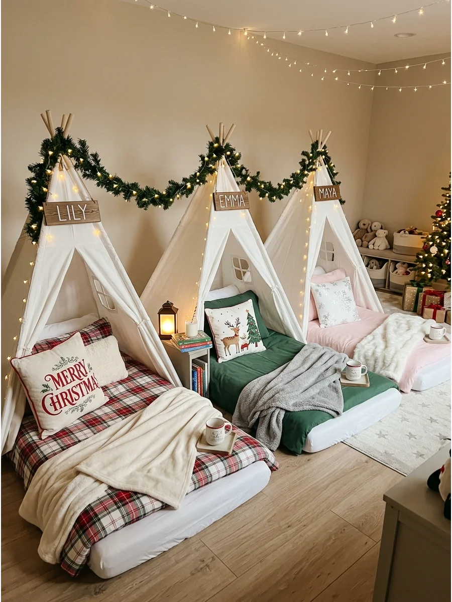 Indoor playroom with decorated holiday teepees for a sleepover.