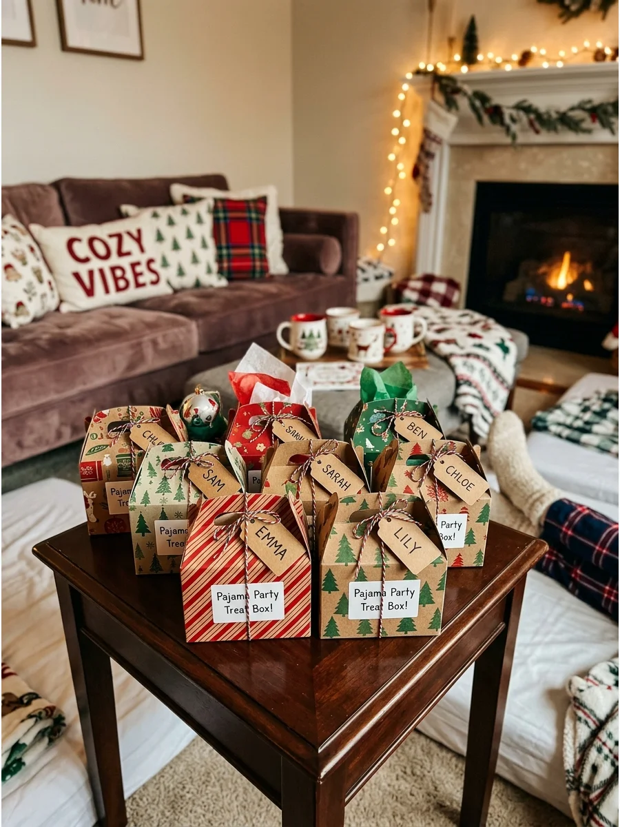 Small favor boxes tied with festive red twine.