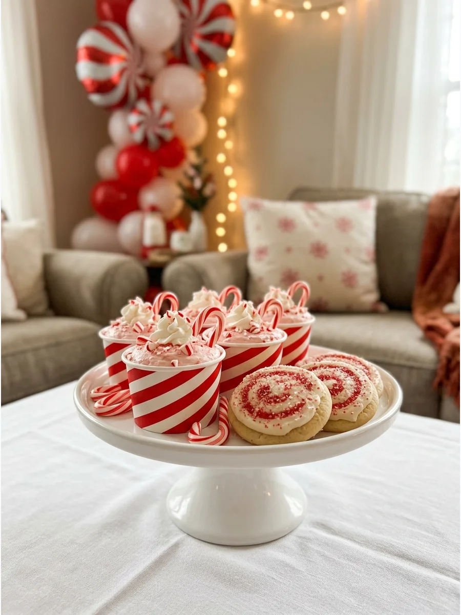Living room with red and white candy cane decorations and striped pillows.