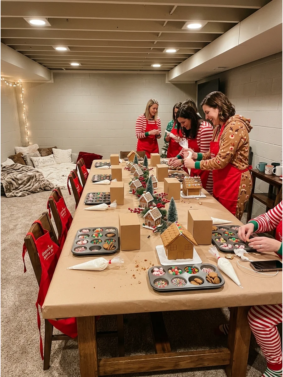 Gingerbread house decorating station set up on a long table.