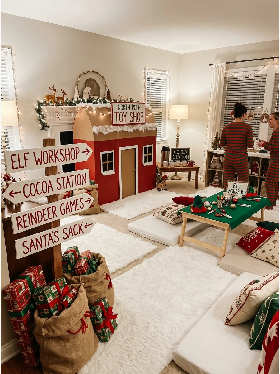 Playroom decorated as the North Pole with a signpost and faux snow.