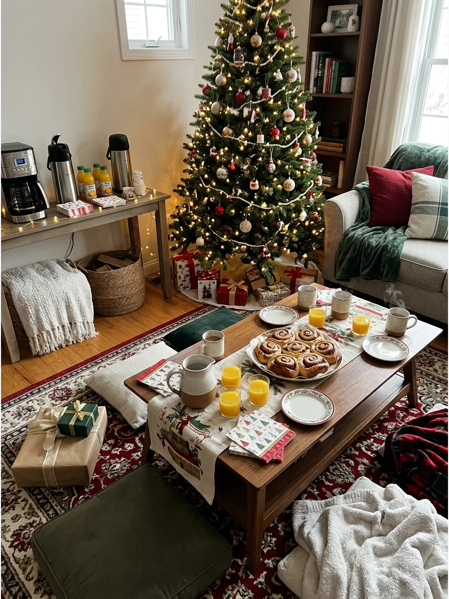 Breakfast spread with cinnamon rolls in a festive living room.