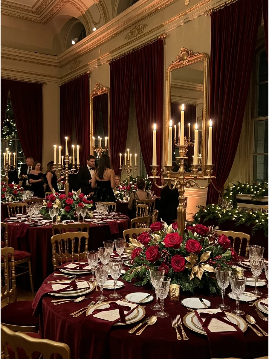 A grand ballroom decorated with burgundy velvet drapes and gold accents.