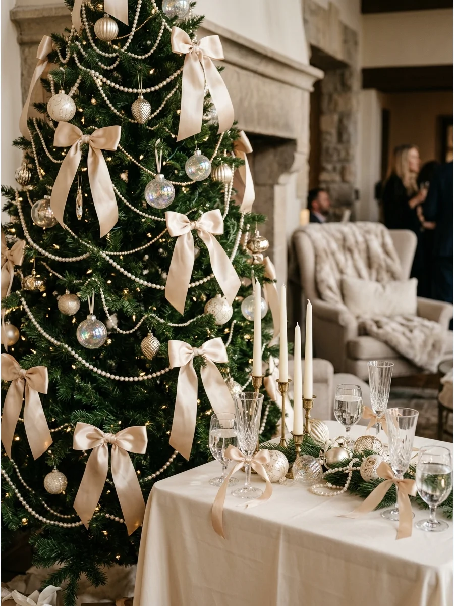 A romantic Christmas tree with pearls and champagne bows.