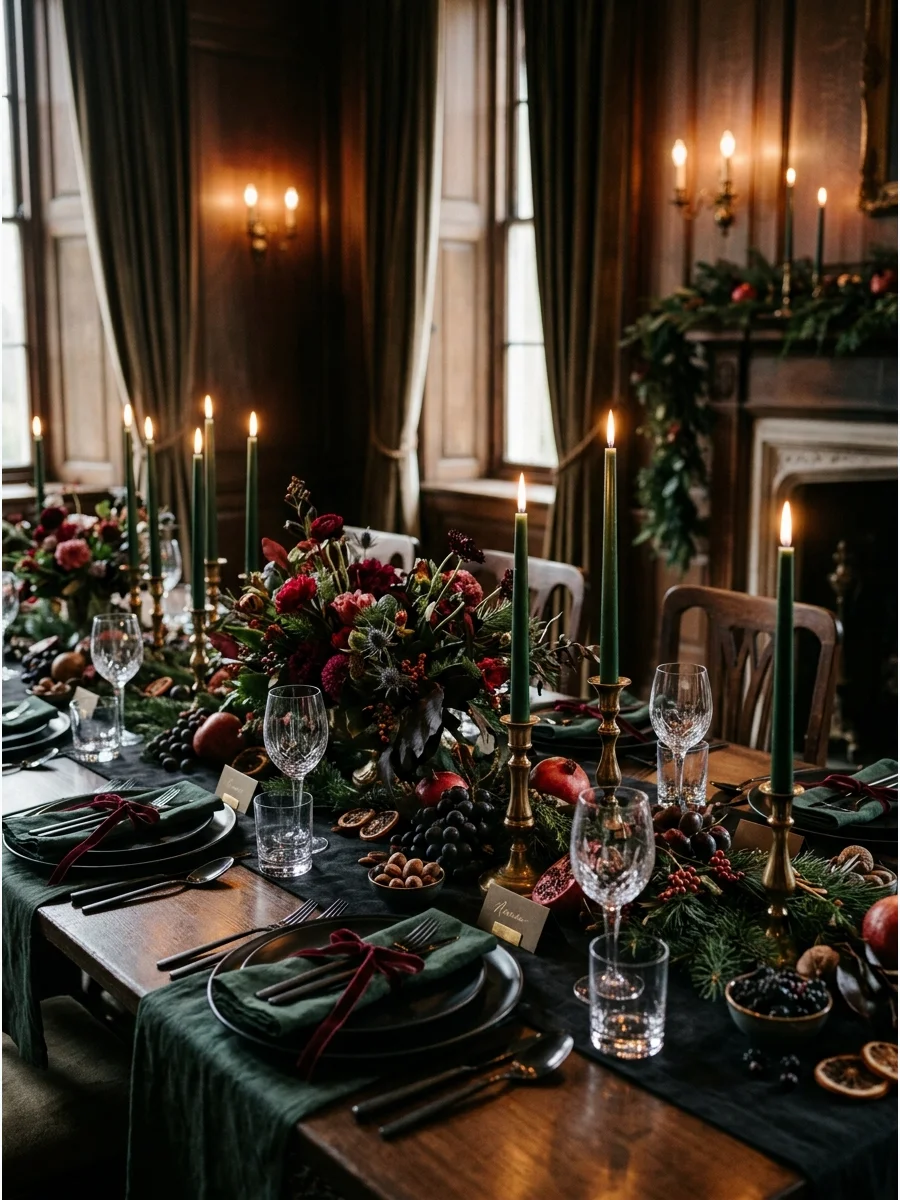 Moody Christmas dinner with black plates and forest green candles.