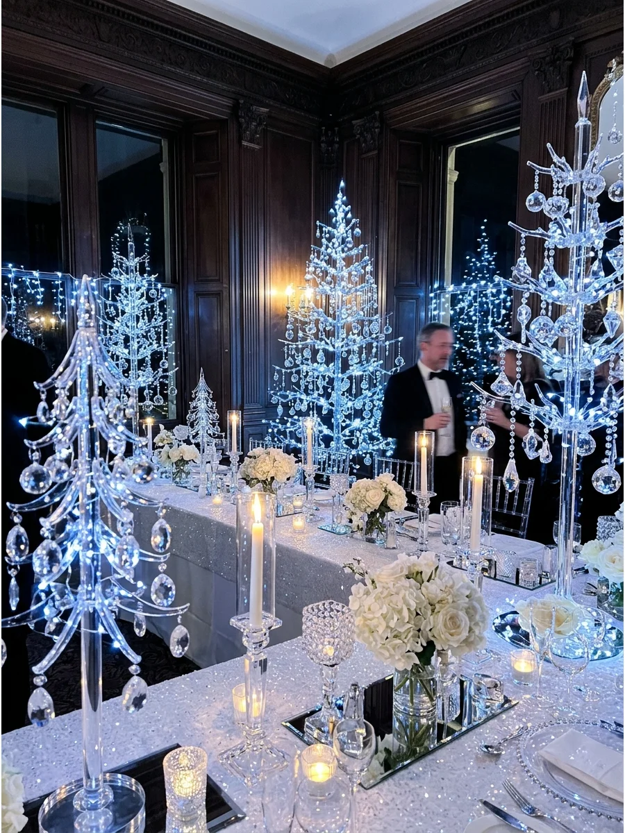 A shimmering blue and white holiday lounge with crystal decor.