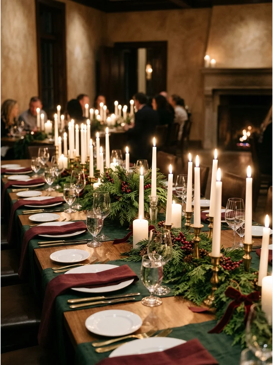 A long dining table lit entirely by white candles and green garlands.