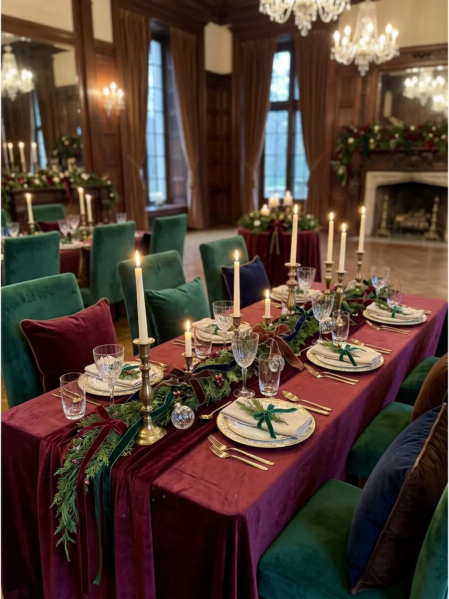 A luxurious table setting with emerald chairs and burgundy velvet linens.