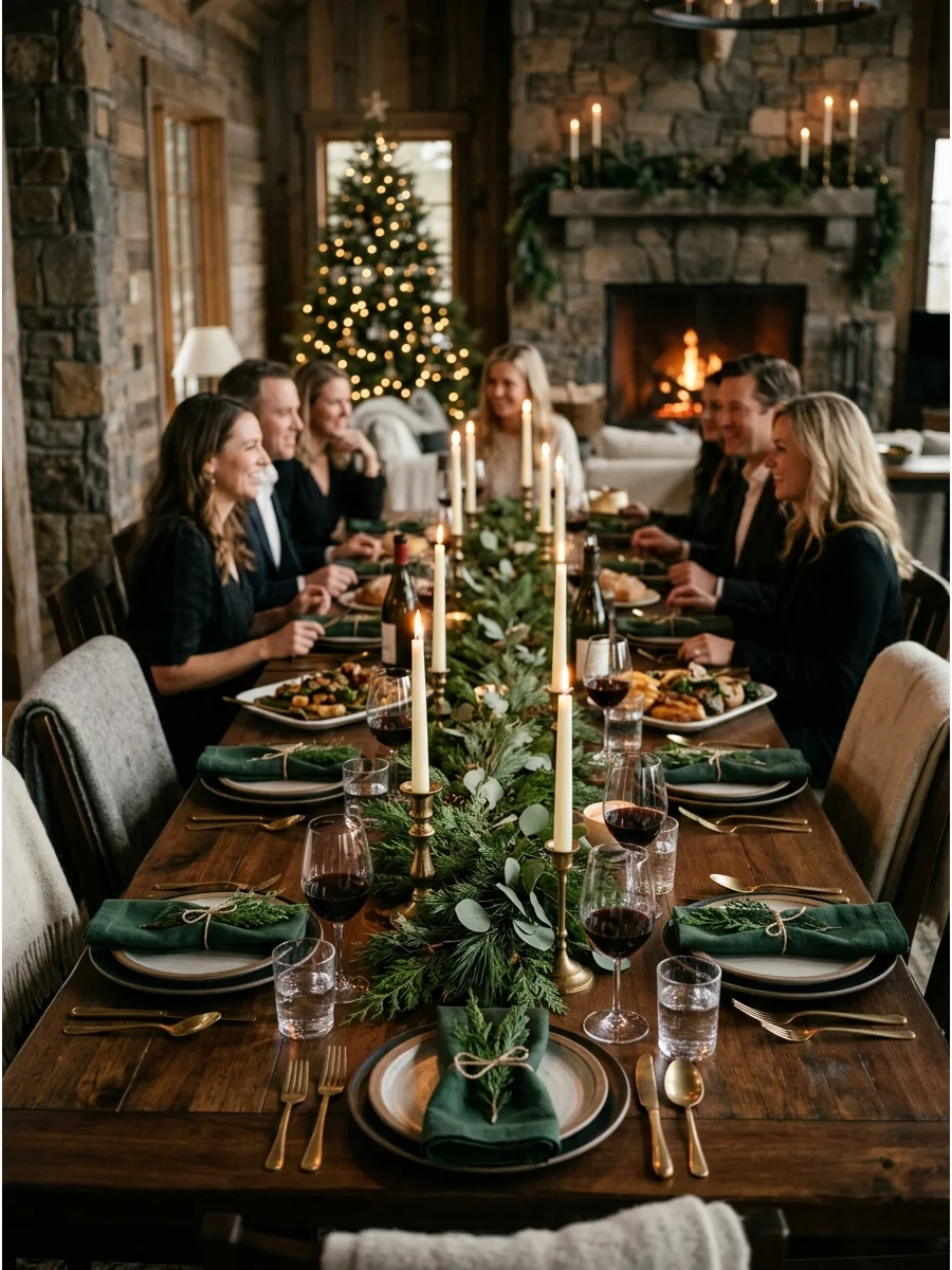 A rustic wood table with forest green napkins and pine greenery.
