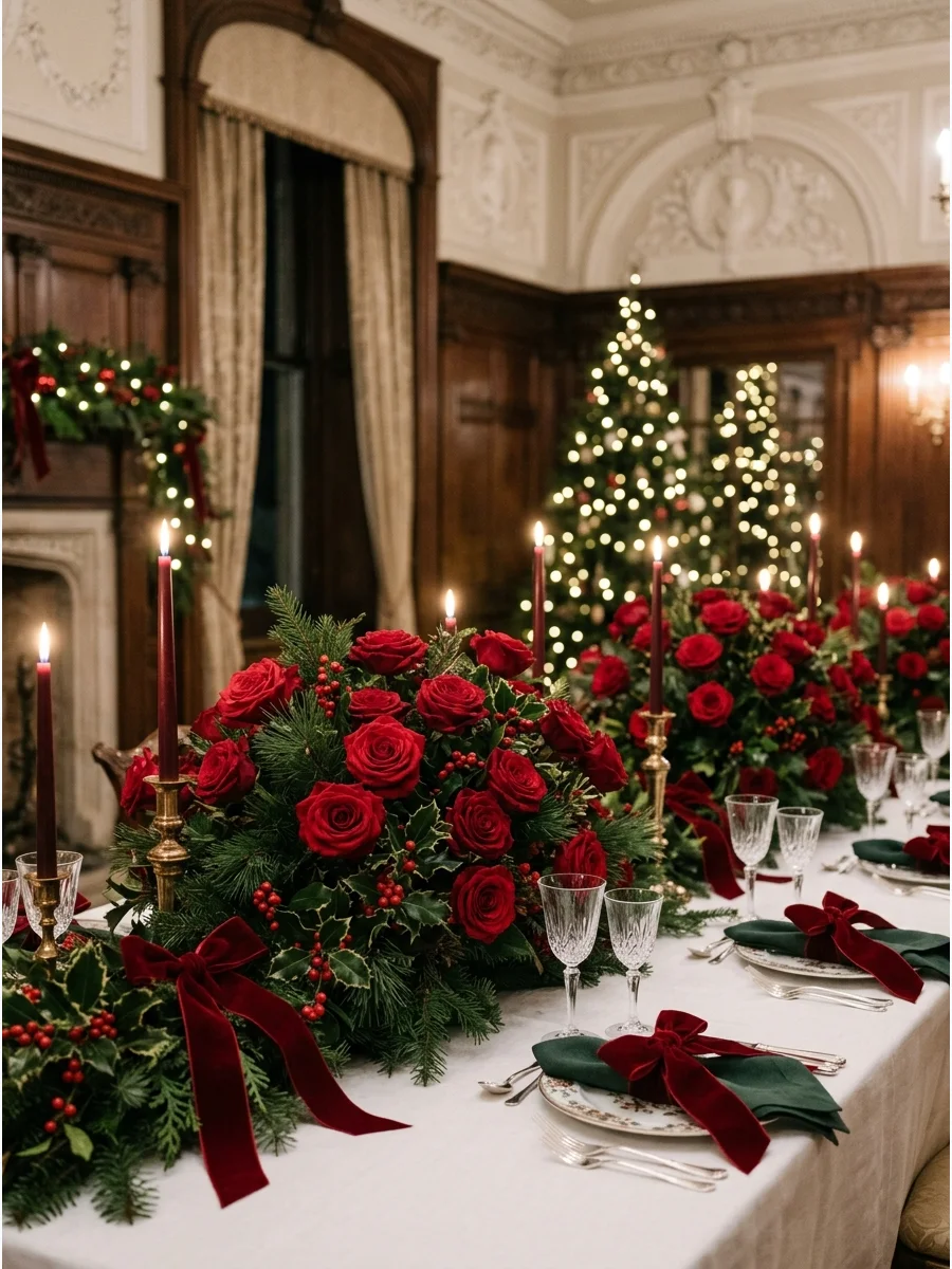 Grand red rose floral arrangements on a white formal dining table.