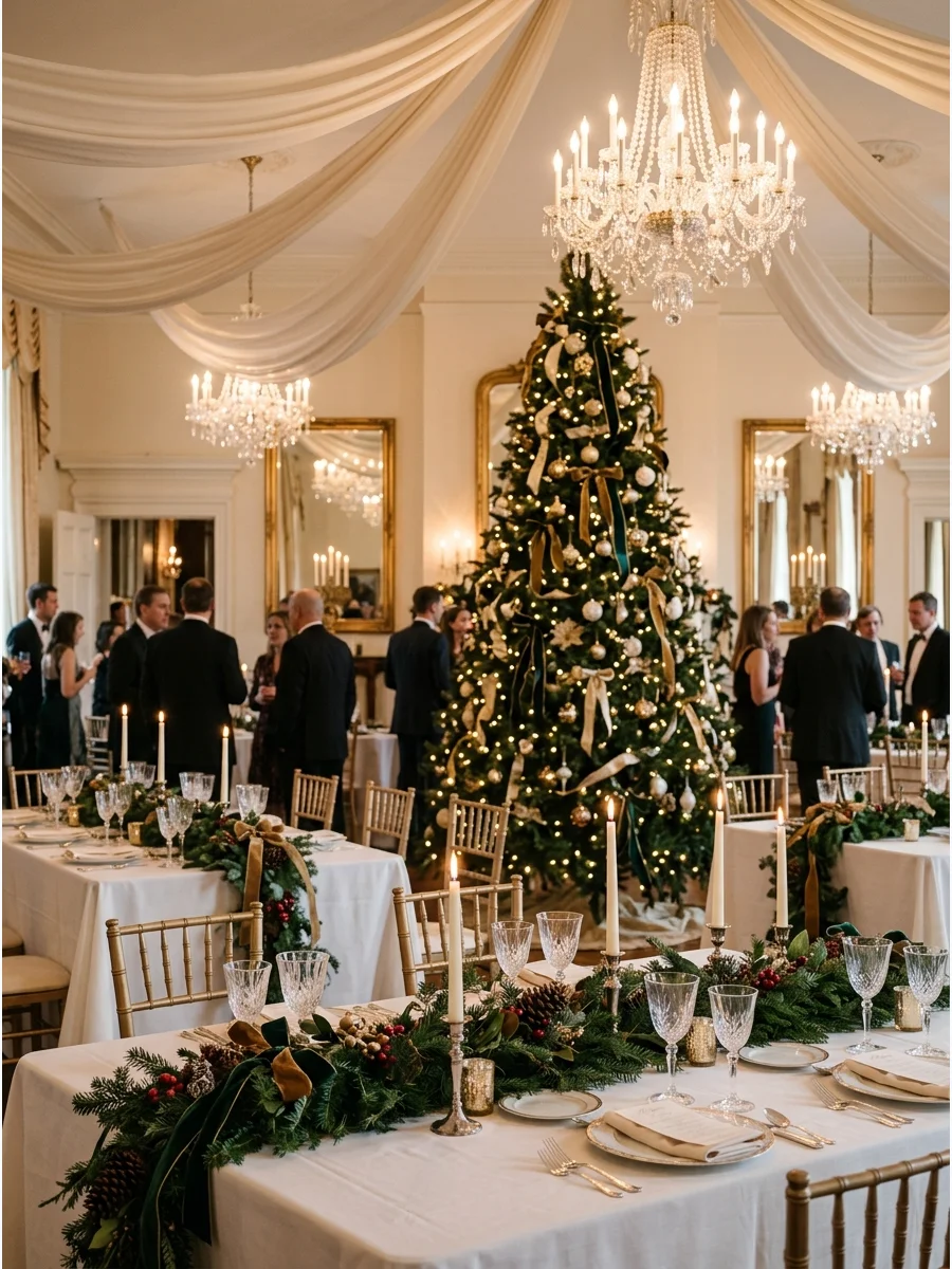 A grand ballroom decorated with a massive gold and cream Christmas tree.