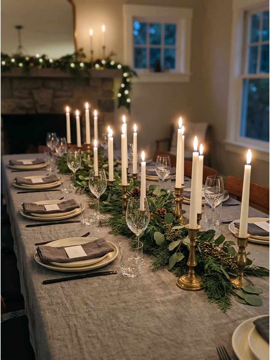 An intimate dining room lit by many white taper candles on gray linen.