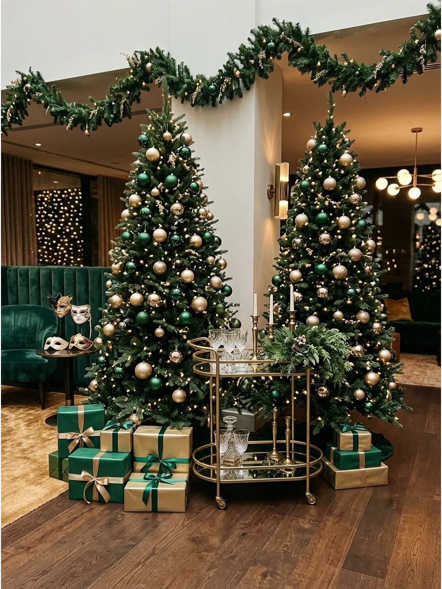 A professional hotel lobby display with symmetrical trees and gold accents.