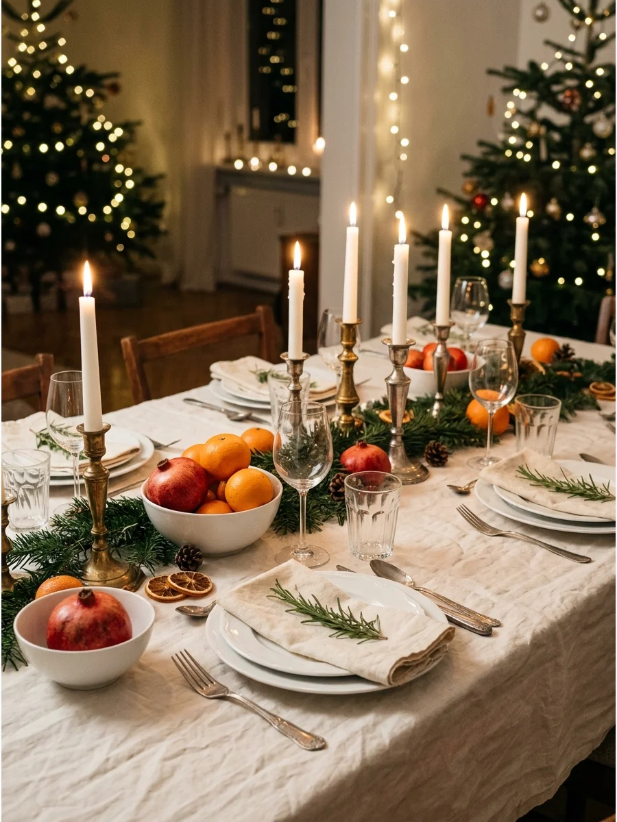 A European style table with ceramic plates and fresh fruit decor.