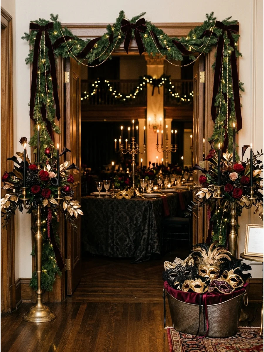 A sophisticated table setting with black lace and gold masquerade masks.