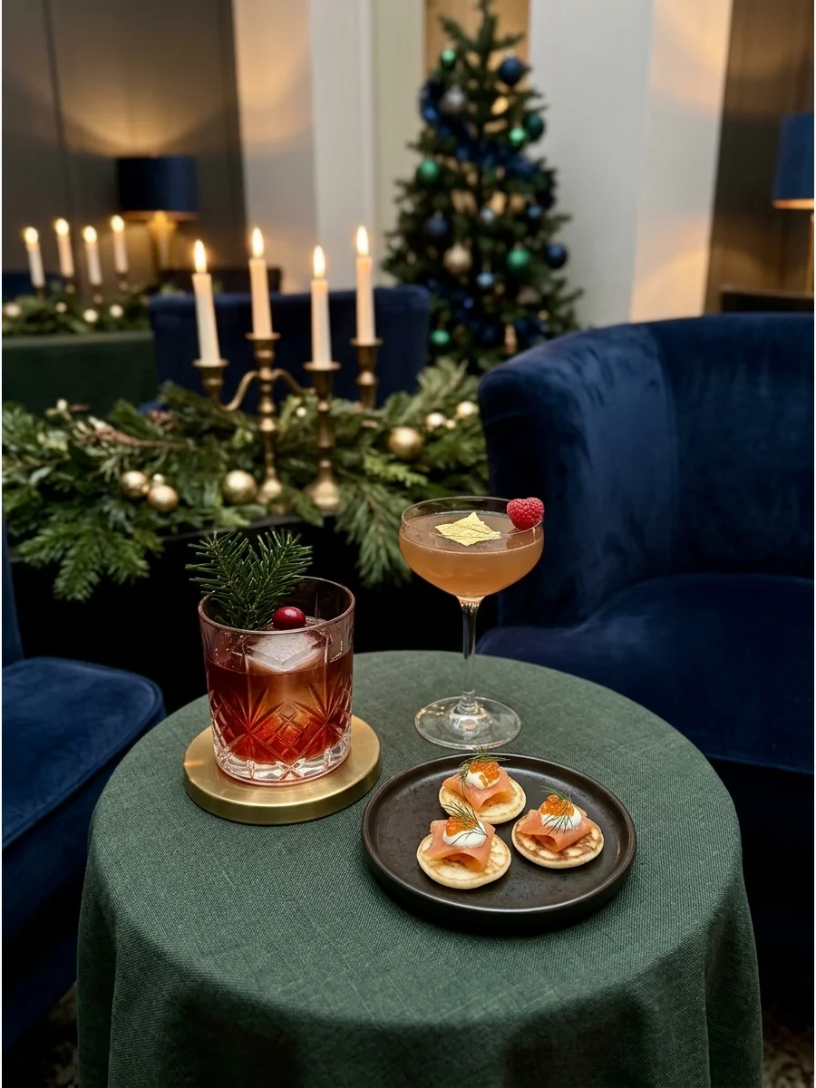 A sophisticated cocktail lounge with velvet chairs and a navy blue Christmas tree.