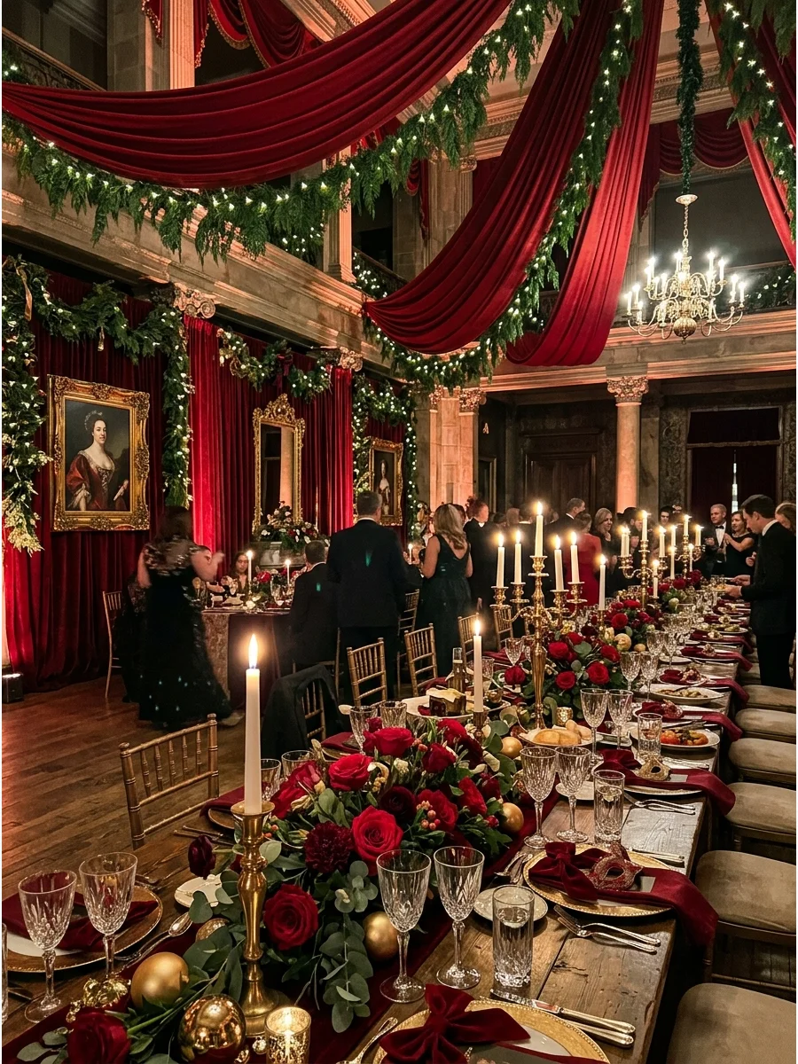 A grand ballroom decorated with red velvet curtains and gold accents for an opera-themed Christmas party.
