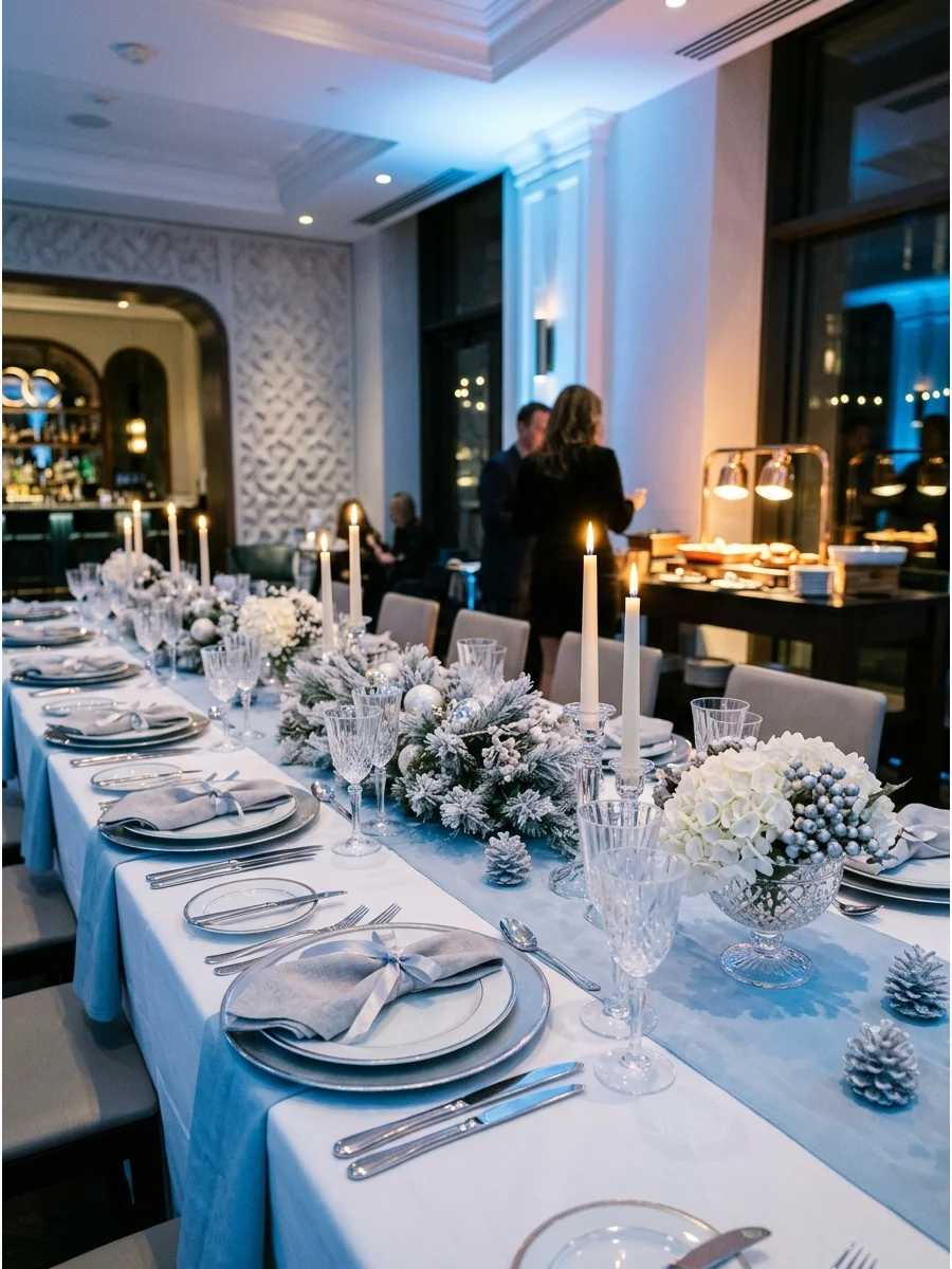 A sophisticated blue and silver tablescape for a winter-themed holiday party.