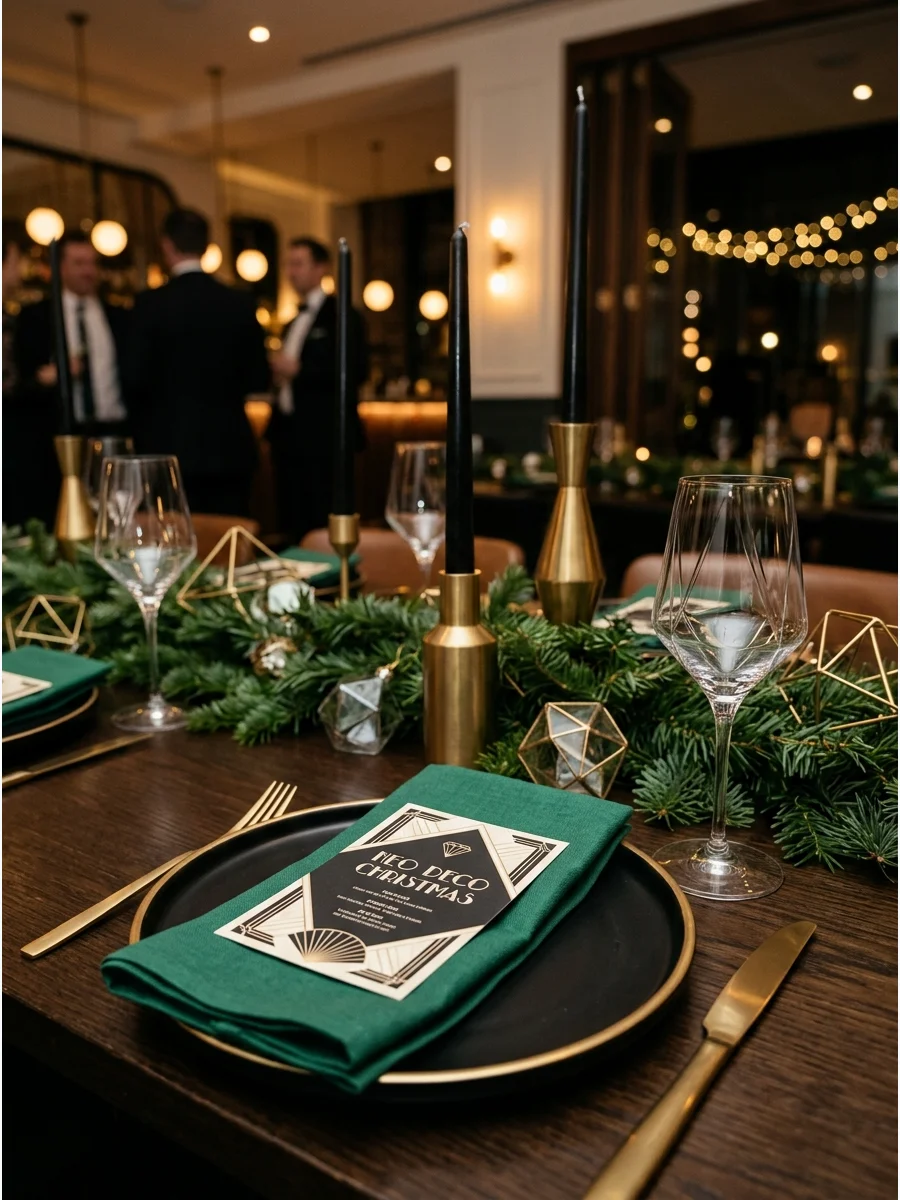 An art deco-inspired Christmas table with green and gold decorations.