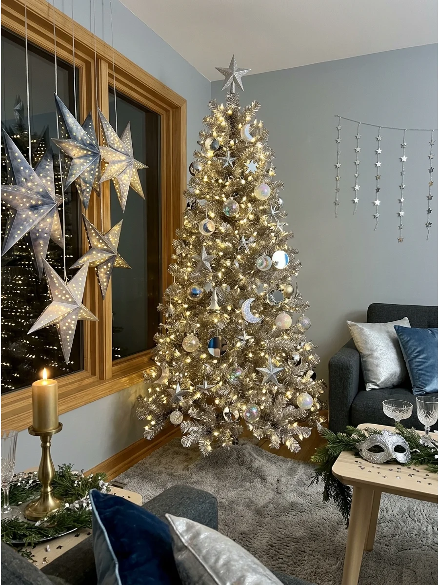 A silver tinsel Christmas tree decorated with celestial moon and star ornaments.