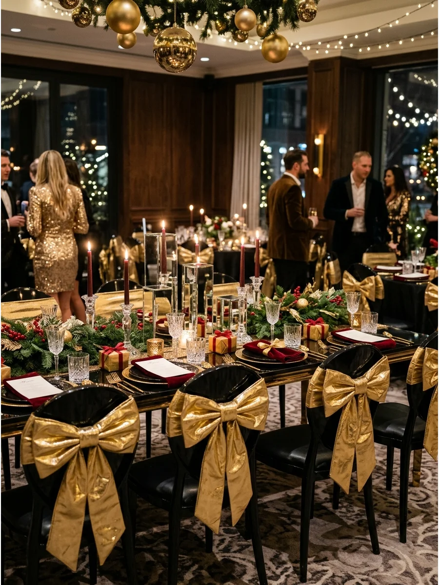 A glamorous holiday party setup with gold bows and mirrored table decorations.