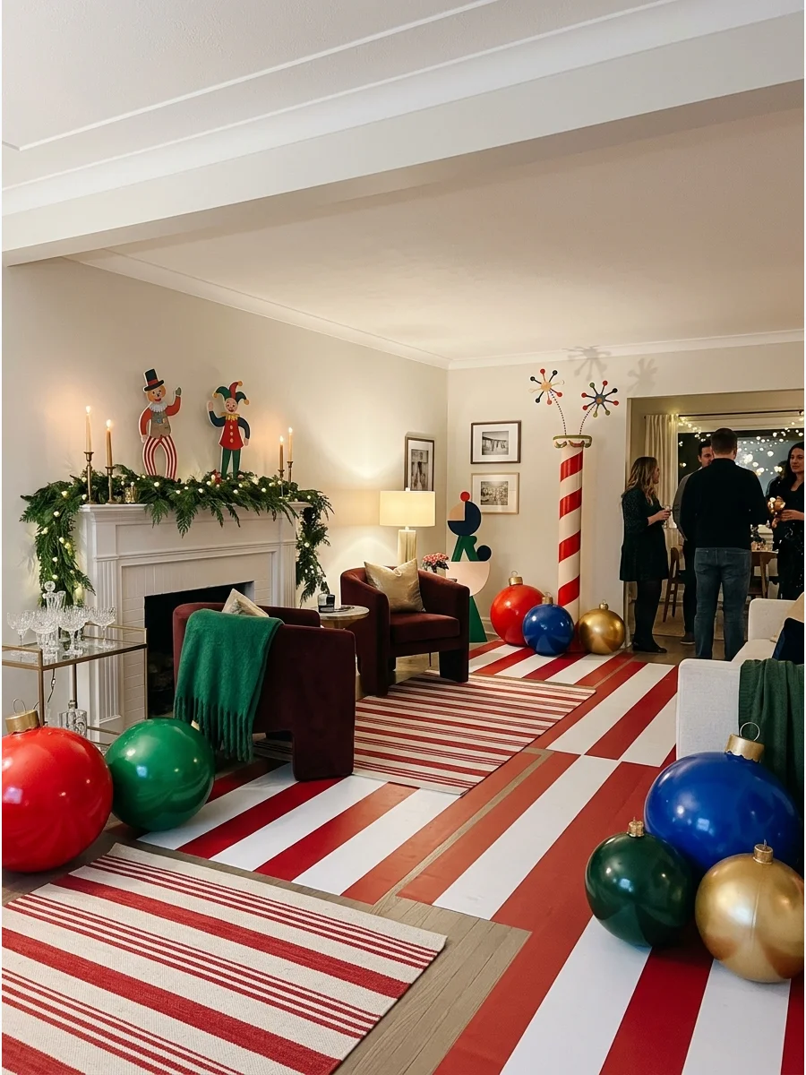 A playful Christmas living room with bold red and white stripes and oversized ornaments.