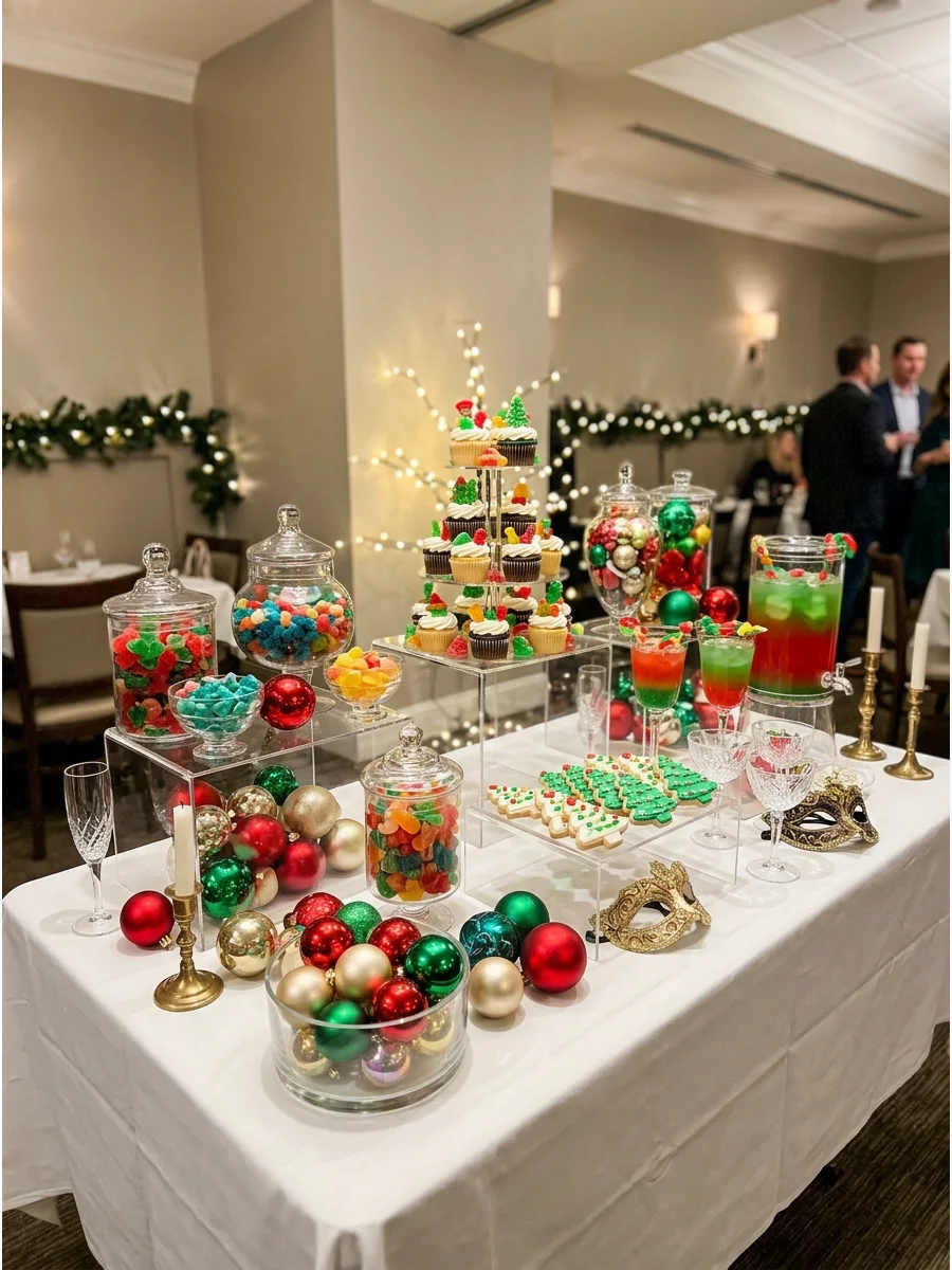 A vibrant holiday dessert table featuring colorful glass ornaments and matching cocktails.