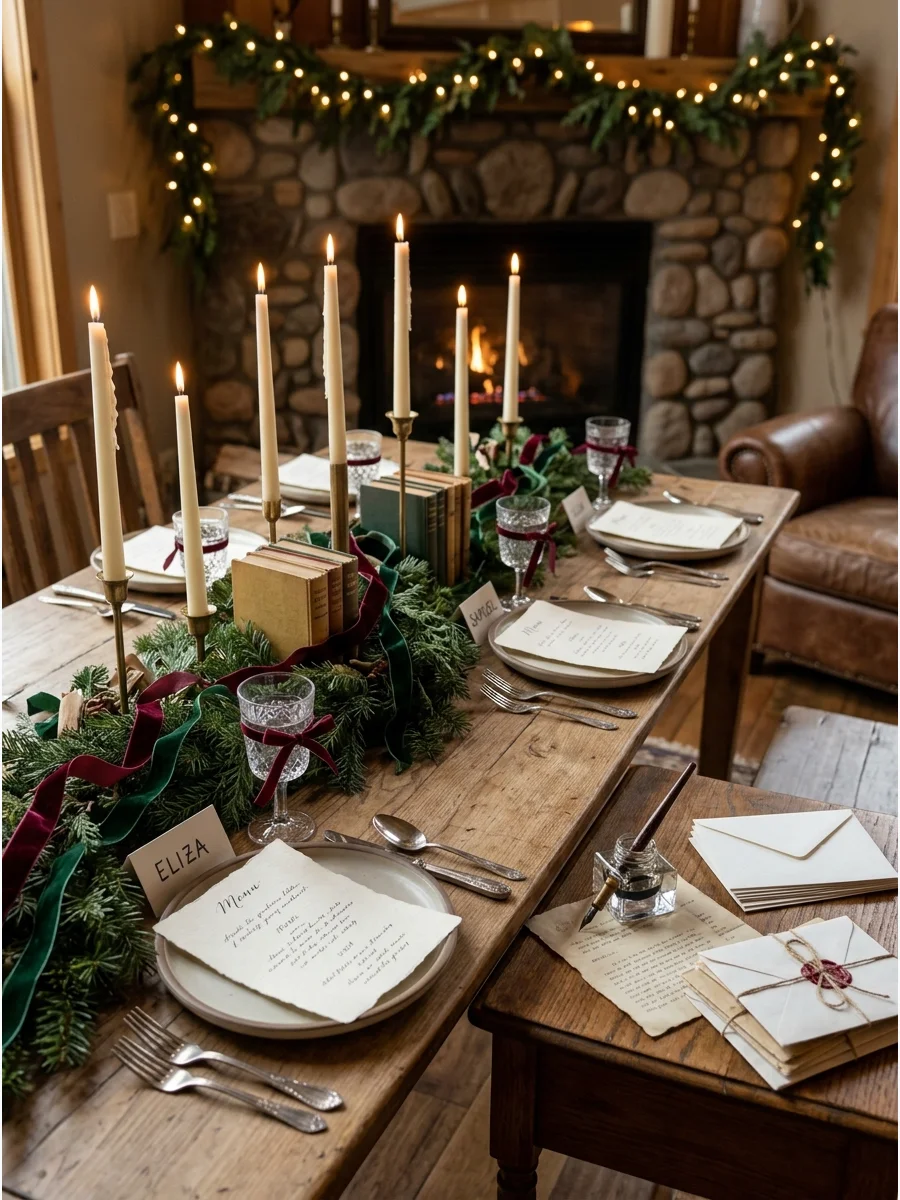 A romantic and literary Christmas table setting with paper place mats and candles.