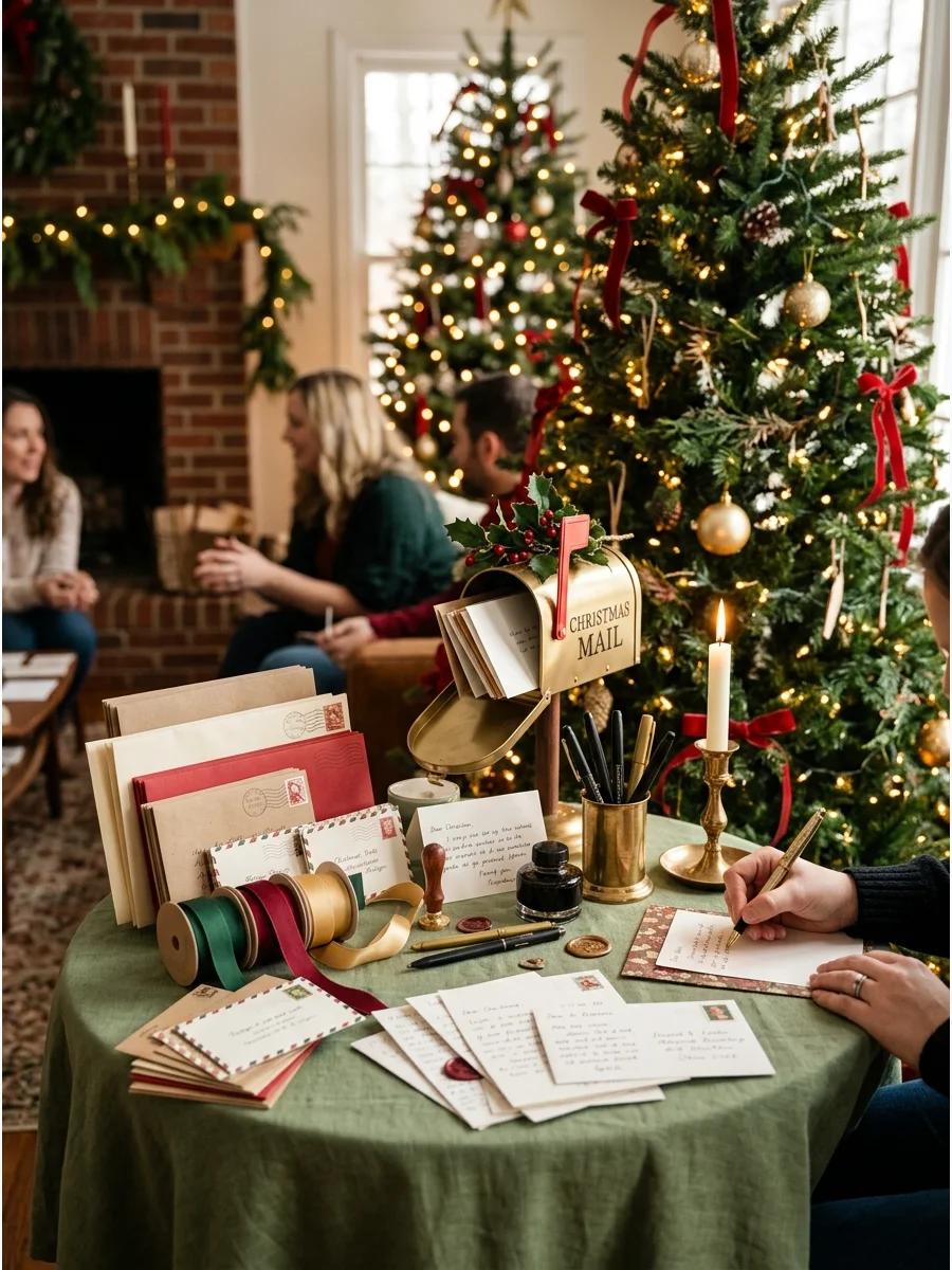 A cozy stationery station at a Christmas party with envelopes and vintage stamps.