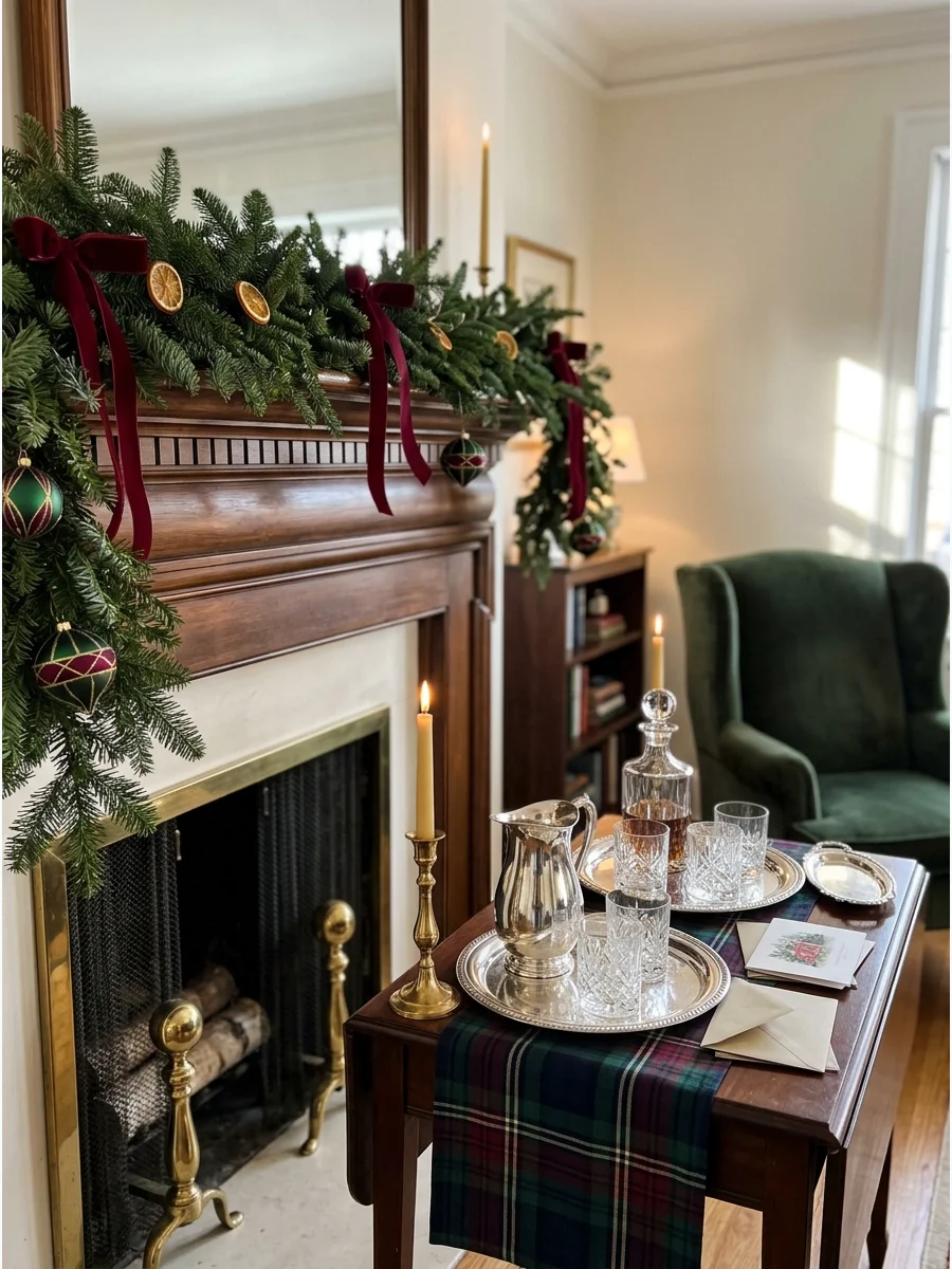 A classic living room with pine garlands and silver decor.