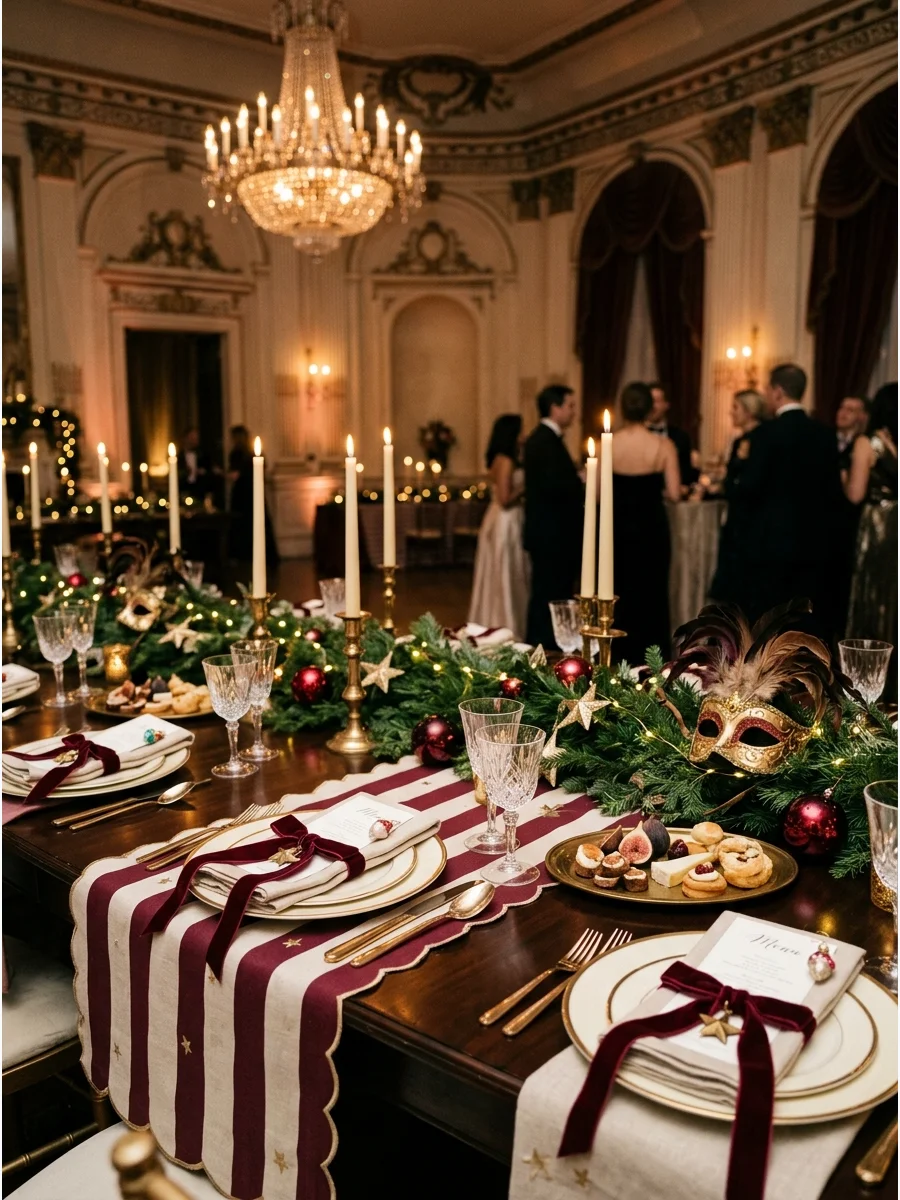 A sophisticated circus-themed Christmas table with burgundy stripes and gold stars.