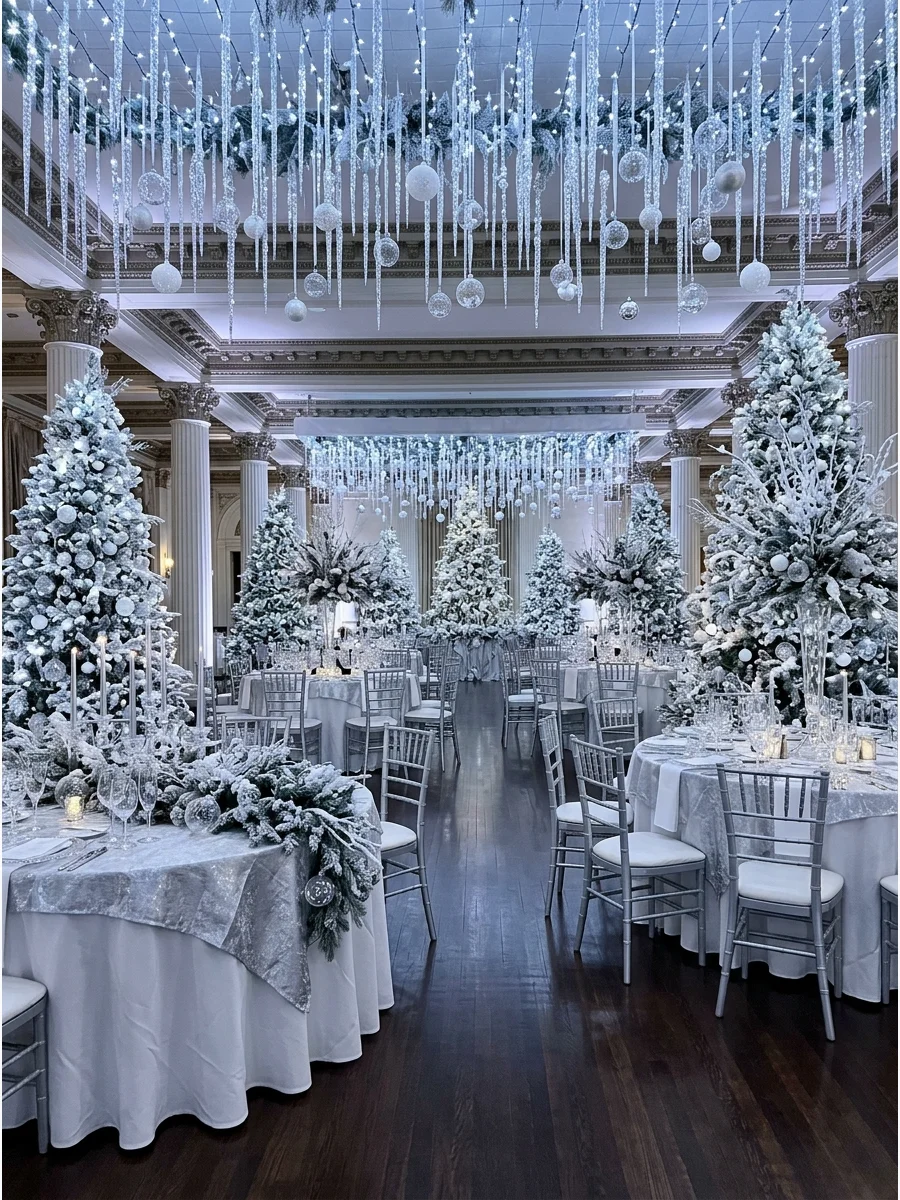 A grand ballroom decorated with white trees and silver table settings.