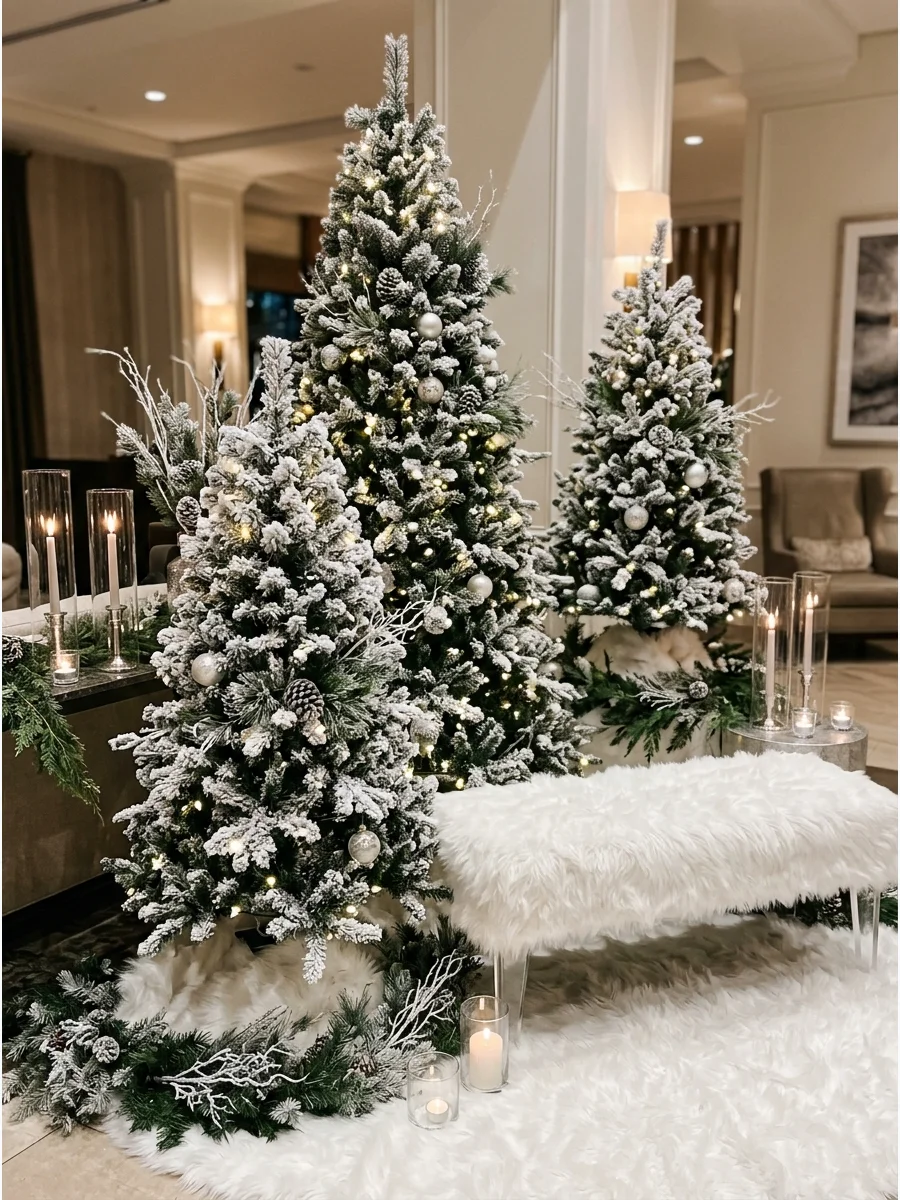 Flocked Christmas trees and a white fur bench in a hotel lobby.