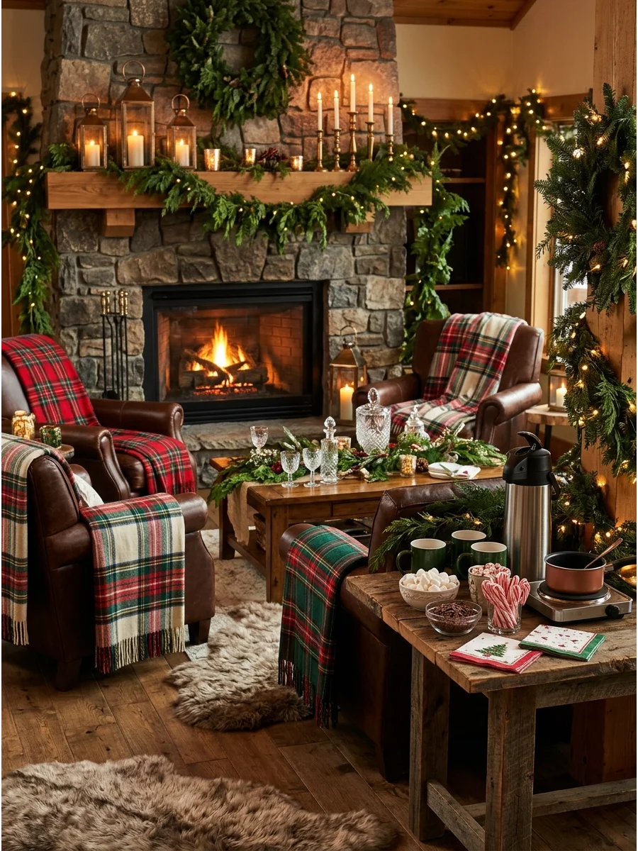 Cozy lodge interior with blankets on chairs and a fireplace.