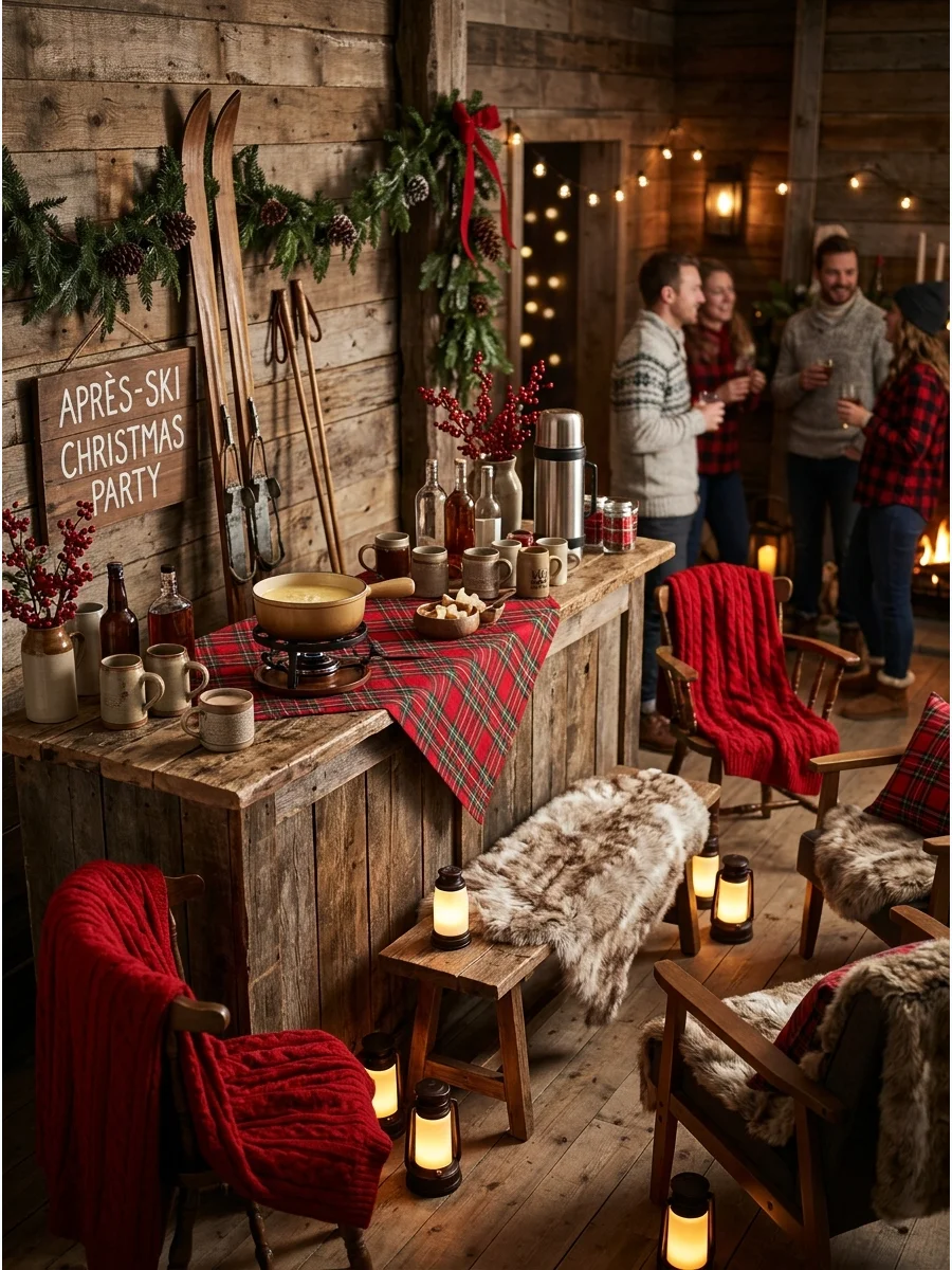 Vintage skis and a fondue station in a mountain cabin.