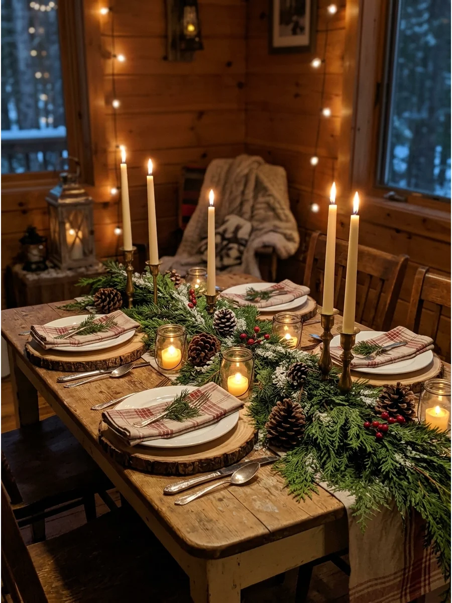 Rustic cabin table setting with wood chargers and pine needles.