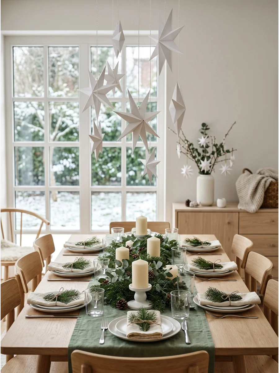 Large white paper stars hanging in a window of a modern home.