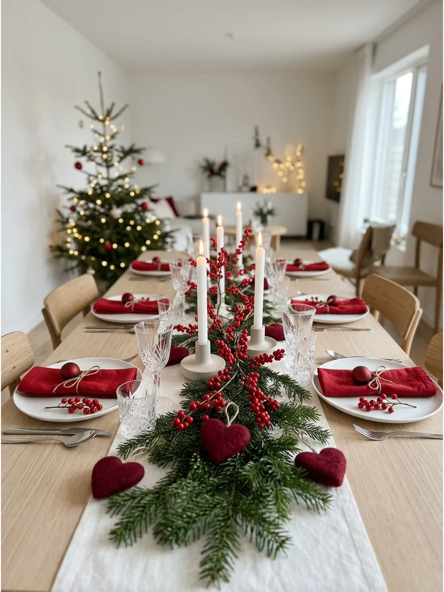 Red and white Nordic table decor with berries and felt hearts.