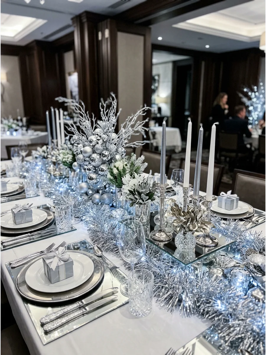 Silver and mirrored table setting in a modern restaurant.
