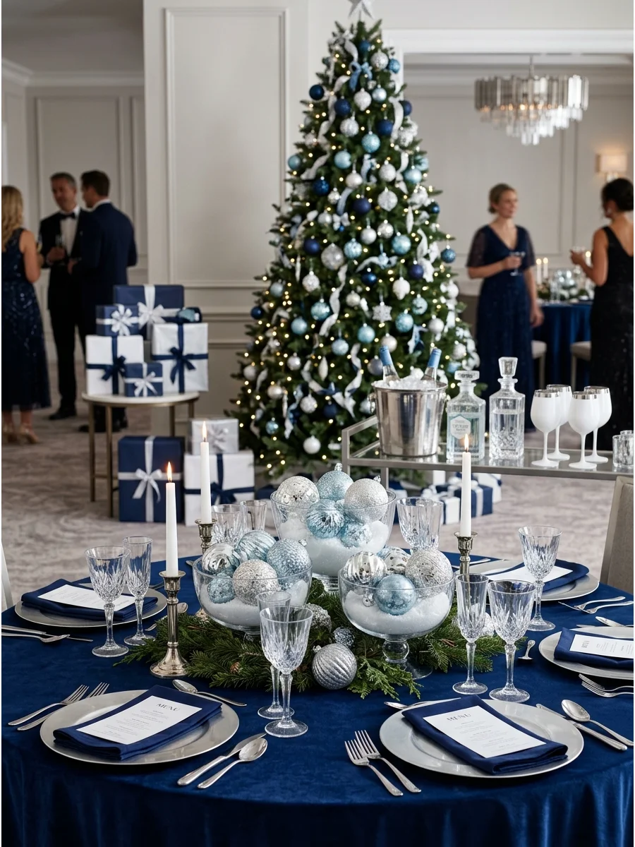 Navy blue velvet and silver table decor for a winter party.