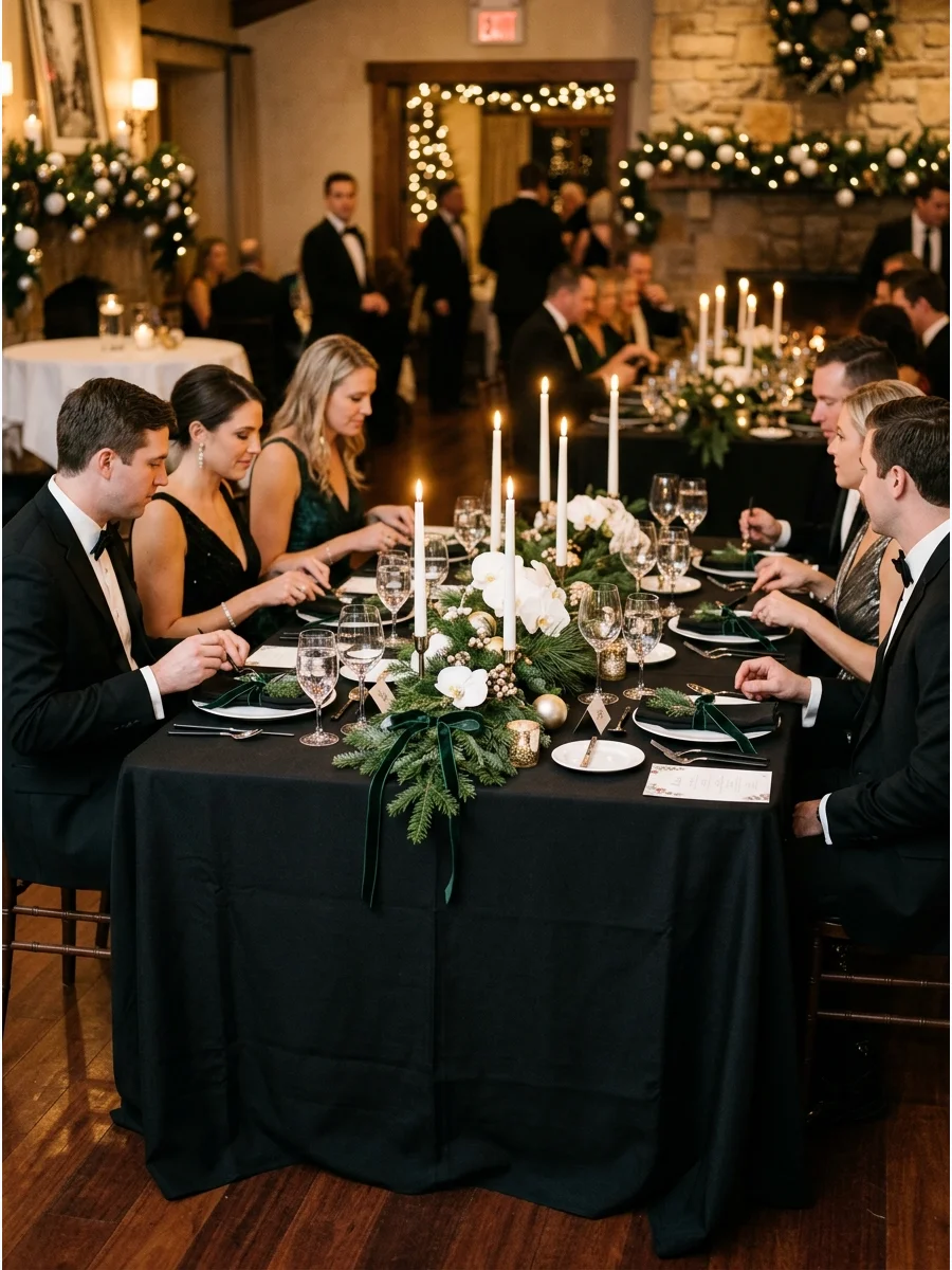 A formal dining room set with black and white decor.